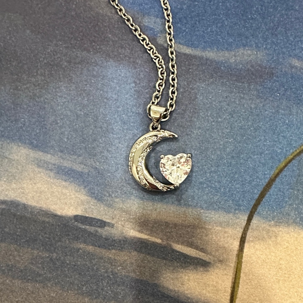 Celestial Crescent Moon with clear heart pendant -silver -